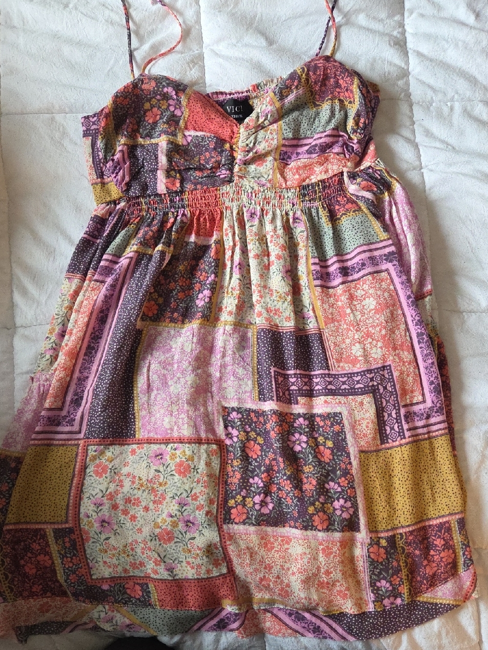 VICI Patchwork Floral Sundress in Pink, Purple & Gold